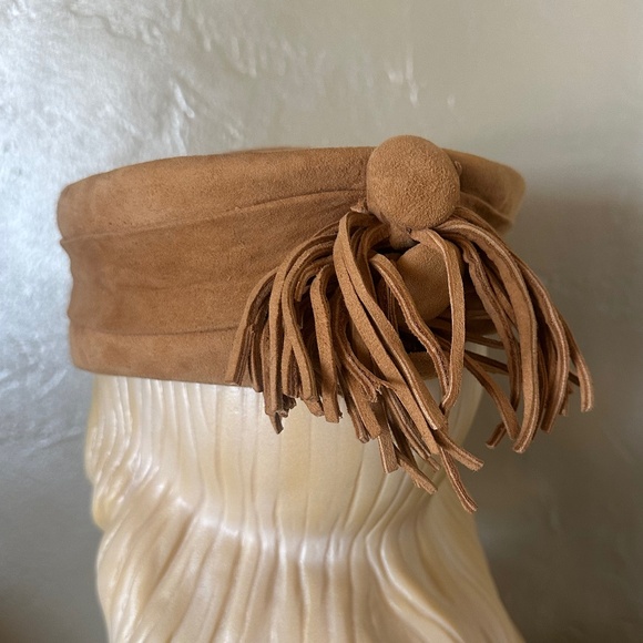 MOD 1960s\' TAN SUEDE HAT WITH BACK BUTTONS AND TASSELS main image 8